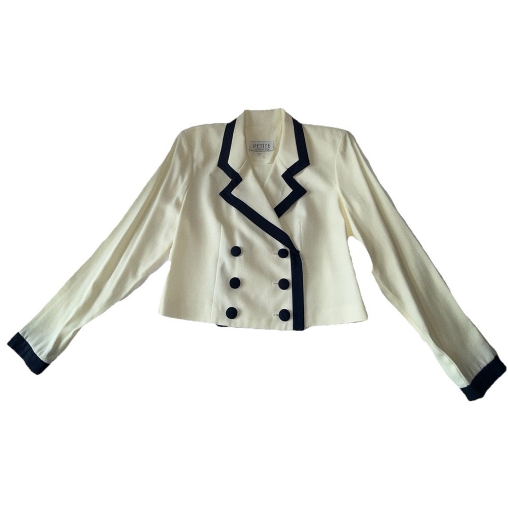 Vintage Petite Sophisticate Cream Navy Trim Cropped Double Breasted Blazer 3/4